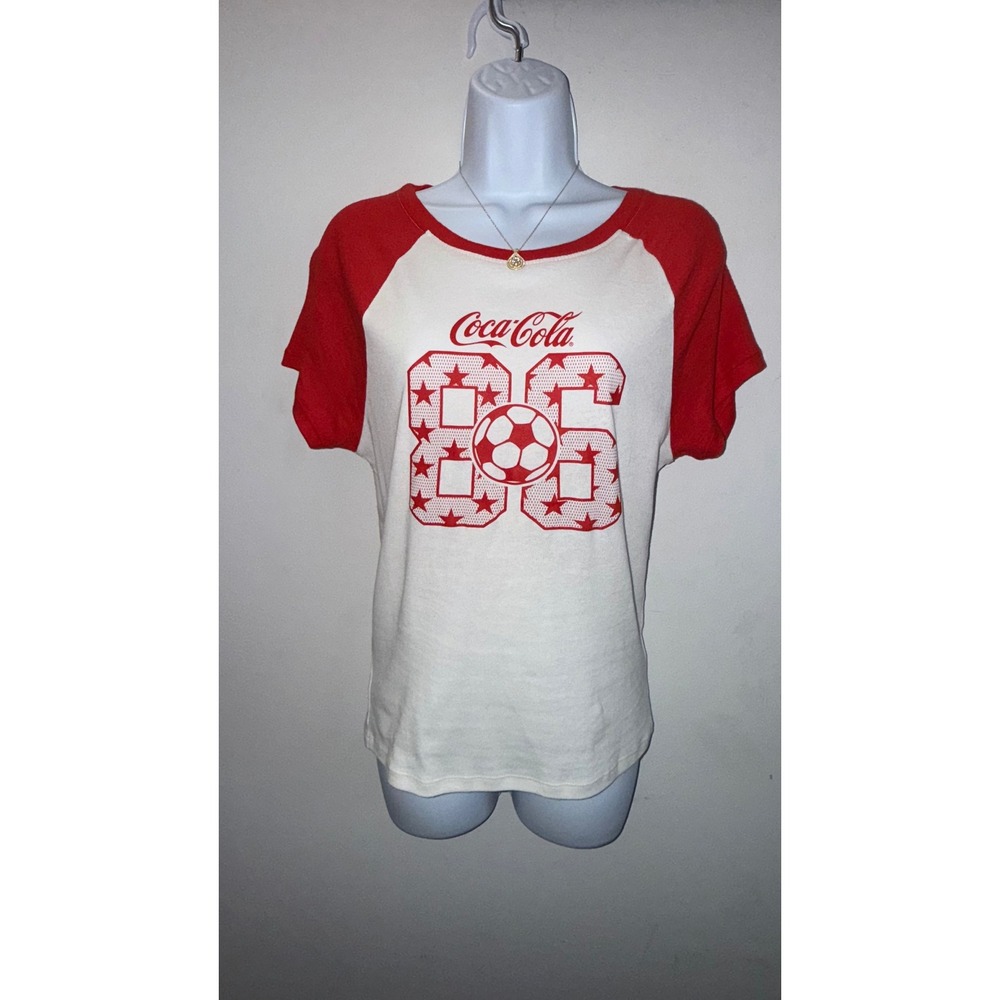 Coca-Cola Womens 86 Soccer Graphic Ringer T-Shirt Red White Raglan Large Cotton